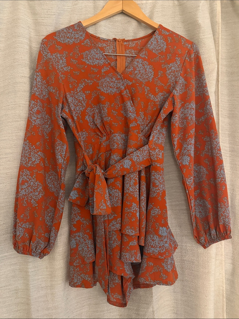 Women's Rust Floral Wrap Dress with Tie Waist